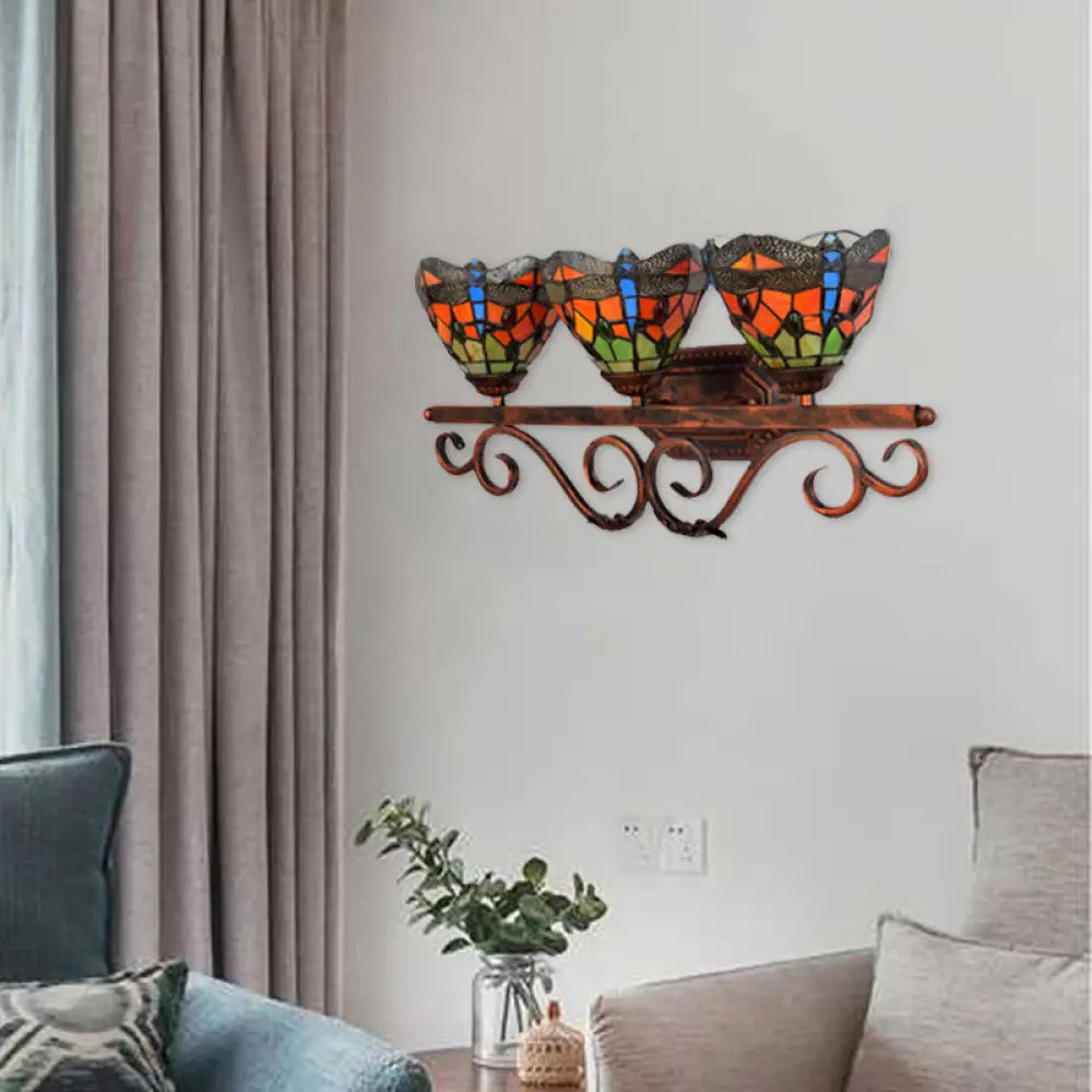 Peacock Stained Glass Wall Sconce: Classic Tiffany Style 3 Lights Pink/Orange/Blue - Bedroom