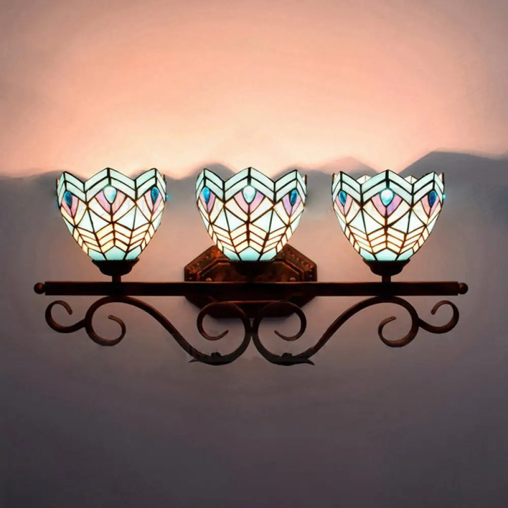 Peacock Stained Glass Wall Sconce: Classic Tiffany Style 3 Lights Pink/Orange/Blue - Bedroom