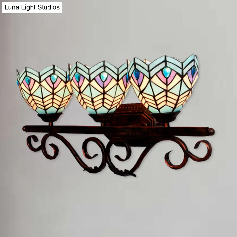 Peacock Stained Glass Wall Sconce: Classic Tiffany Style 3 Lights Pink/Orange/Blue - Bedroom