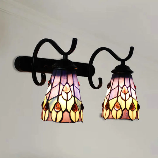 Peacock Tail Stained Glass Wall Sconce With Dual Cone Lights And Rustic Black Backplate /