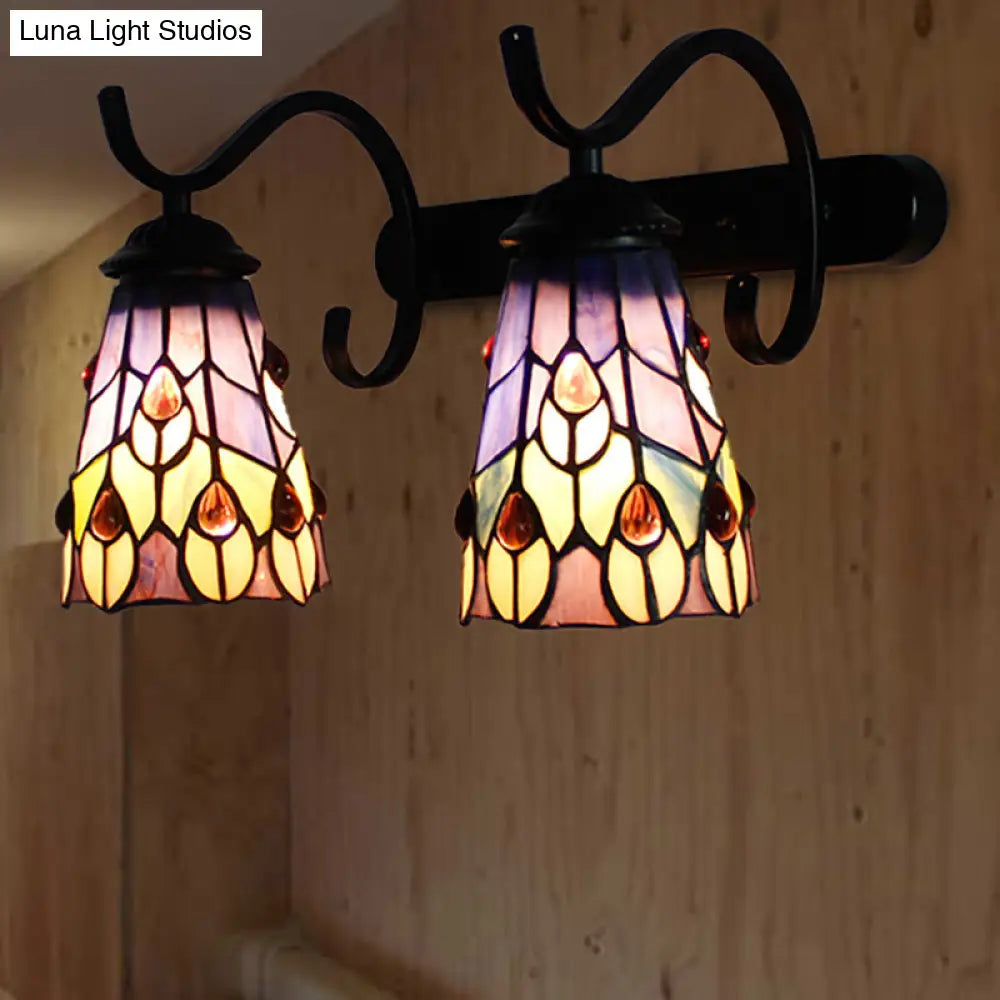 Peacock Tail Stained Glass Wall Sconce With Dual Cone Lights And Rustic Black Backplate