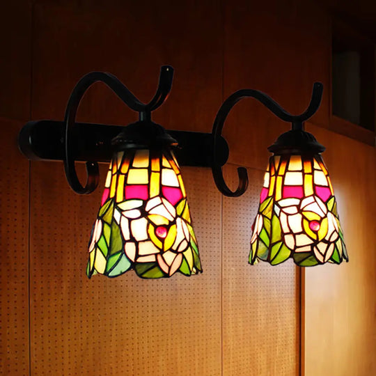 Peacock Tail Stained Glass Wall Sconce With Dual Cone Lights And Rustic Black Backplate / Flower