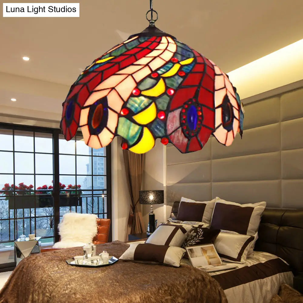Peacock Tiffany-Style Red Stained Glass Ceiling Lamp