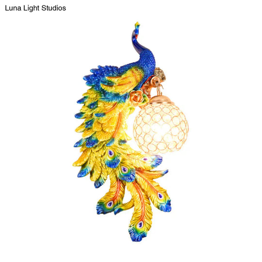 Peacock Wall Lamp: Double Headed Resin Sconce Light With Crystal Shade In White/Blue Finish 1/2-Pack