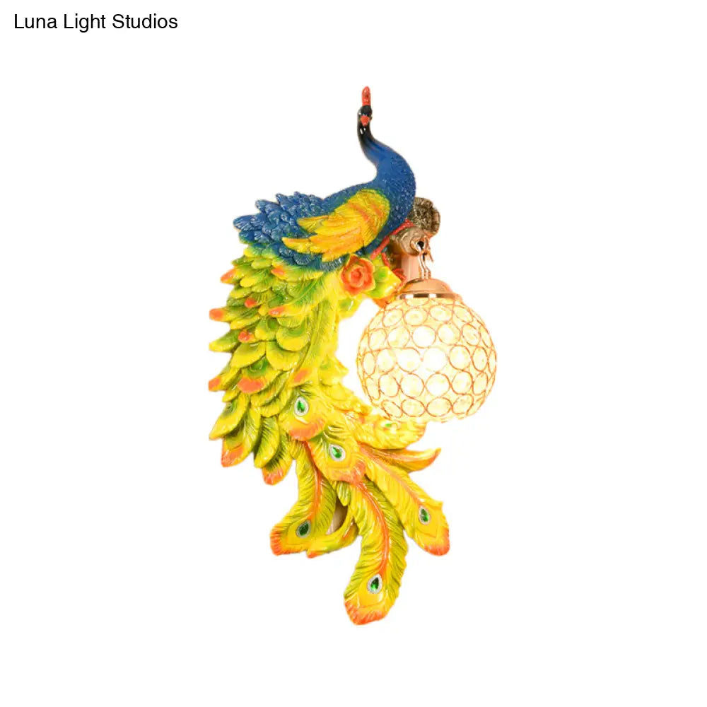 Peacock Wall Lamp: Double Headed Resin Sconce Light With Crystal Shade In White/Blue Finish 1/2-Pack