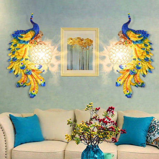 Peacock Wall Lamp: Double Headed Resin Sconce Light With Crystal Shade In White/Blue Finish 1/2-Pack