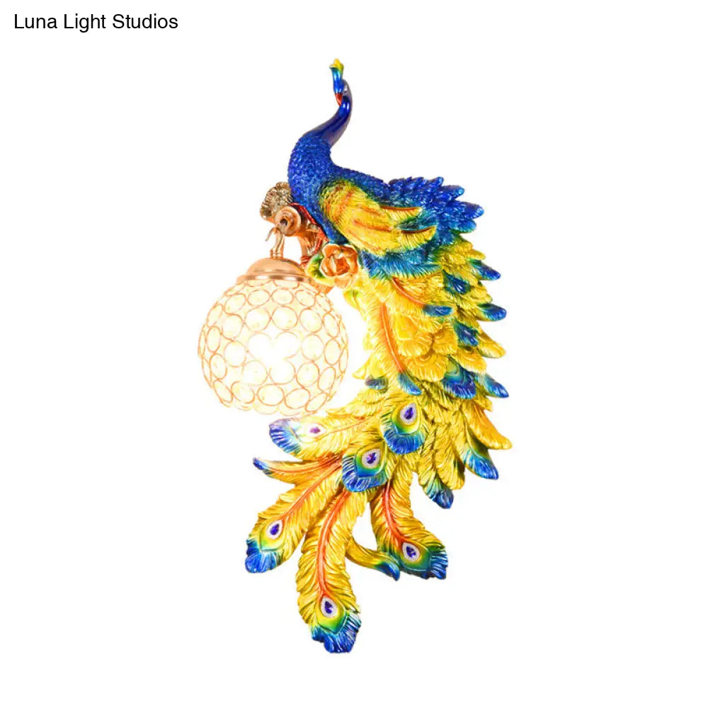 Peacock Wall Lamp: Double Headed Resin Sconce Light With Crystal Shade In White/Blue Finish 1/2-Pack