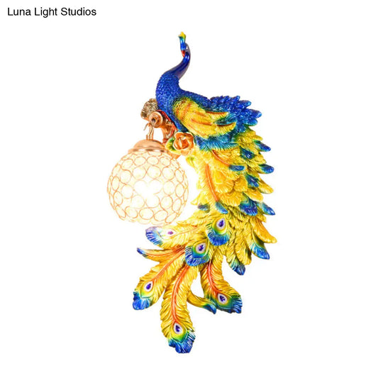 Peacock Wall Lamp: Double Headed Resin Sconce Light With Crystal Shade In White/Blue Finish 1/2-Pack