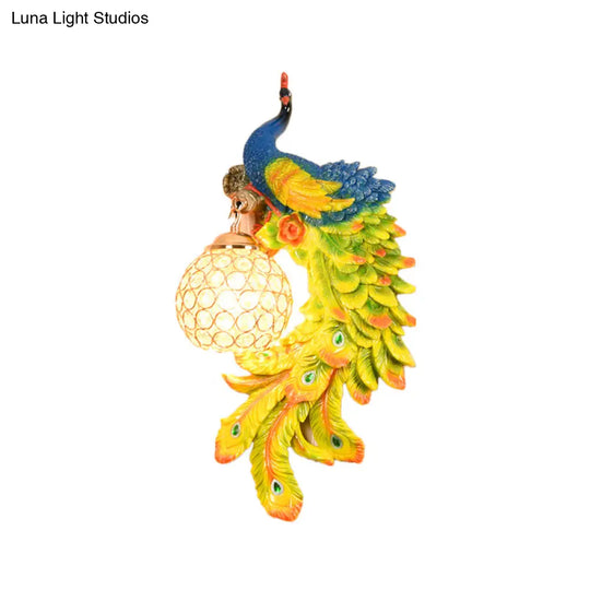 Peacock Wall Lamp: Double Headed Resin Sconce Light With Crystal Shade In White/Blue Finish 1/2-Pack