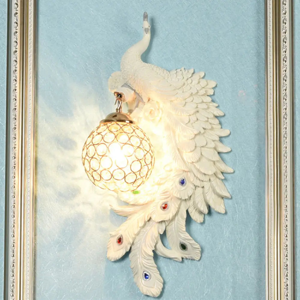 Peacock Wall Lamp: Double Headed Resin Sconce Light With Crystal Shade In White/Blue Finish 1/2-Pack