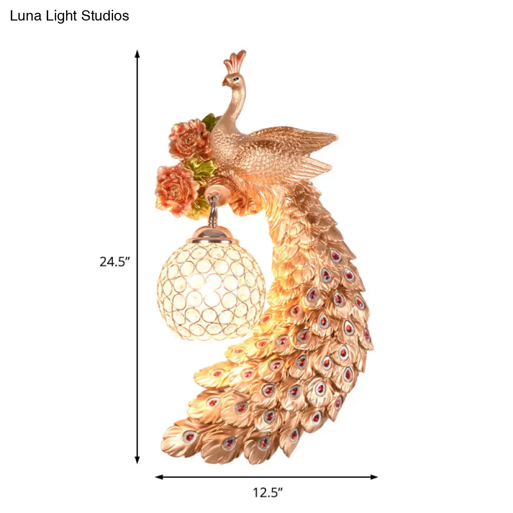 Peacock Wall Sconce - Loft Style Metal 8/10 With Dome Crystal Shade In White/Gold Double/Right/Left