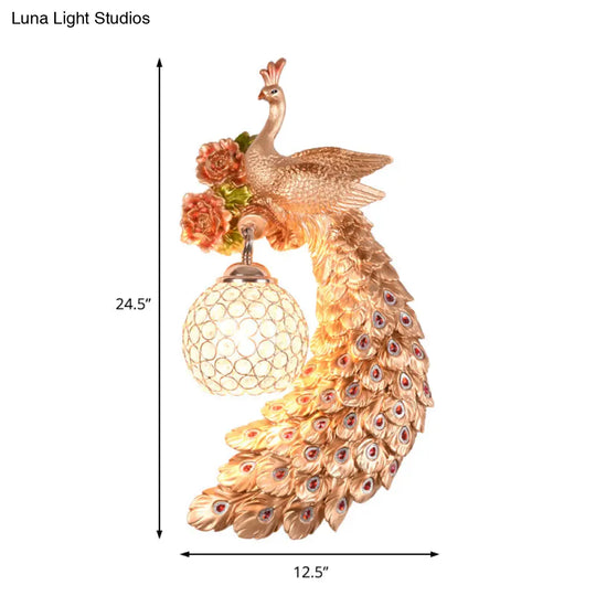 Peacock Wall Sconce - Loft Style Metal 8/10 With Dome Crystal Shade In White/Gold Double/Right/Left