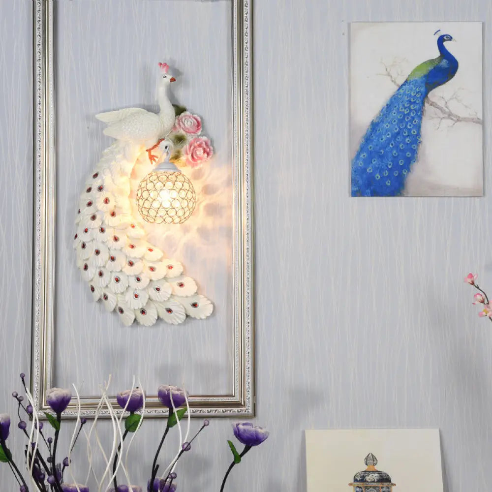 Peacock Wall Sconce - Loft Style Metal 8/10 With Dome Crystal Shade In White/Gold Double/Right/Left