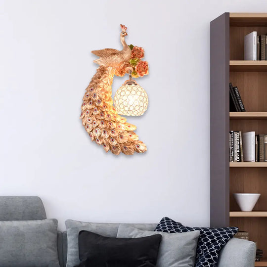 Peacock Wall Sconce - Loft Style Metal 8/10 With Dome Crystal Shade In White/Gold Double/Right/Left