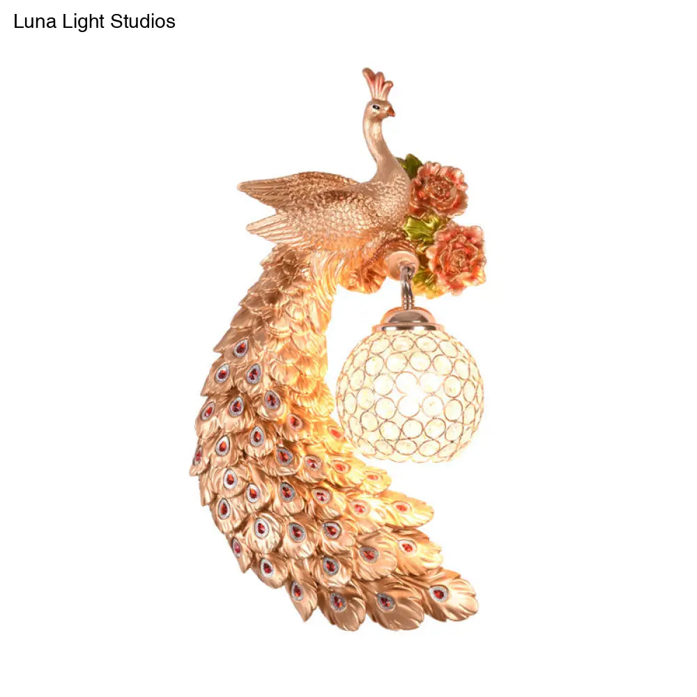 Peacock Wall Sconce - Loft Style Metal 8/10 With Dome Crystal Shade In White/Gold Double/Right/Left