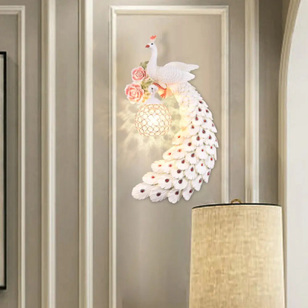 Peacock Wall Sconce - Loft Style Metal 8/10 With Dome Crystal Shade In White/Gold Double/Right/Left