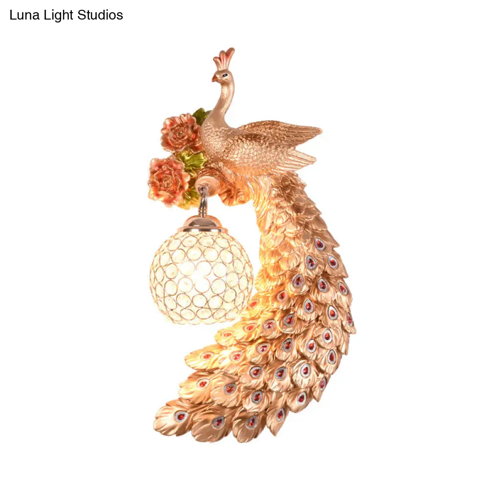 Peacock Wall Sconce - Loft Style Metal 8/10 With Dome Crystal Shade In White/Gold Double/Right/Left