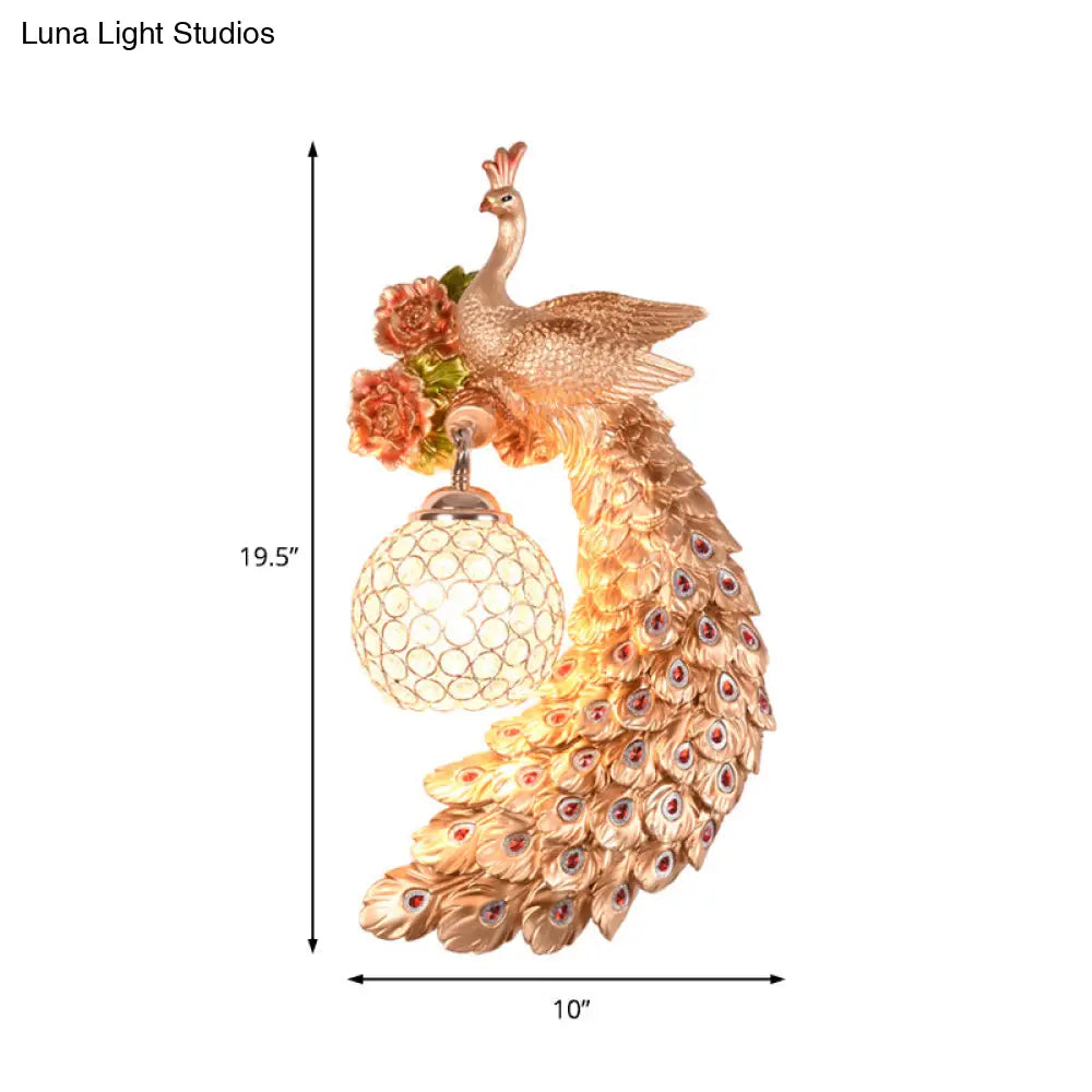 Peacock Wall Sconce - Loft Style Metal 8/10 With Dome Crystal Shade In White/Gold Double/Right/Left