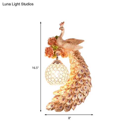 Peacock Wall Sconce - Loft Style Metal 8/10 With Dome Crystal Shade In White/Gold Double/Right/Left