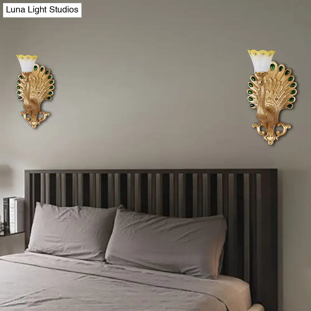 Peacock Wall Sconce With White And Yellow Glass Shade - Traditional 1 Bulb Light Fixture