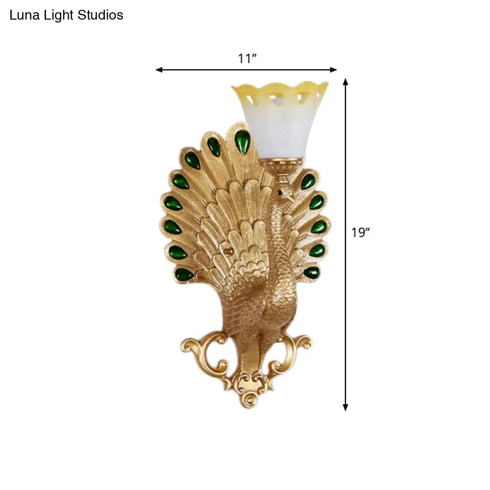 Peacock Wall Sconce With White And Yellow Glass Shade - Traditional 1 Bulb Light Fixture