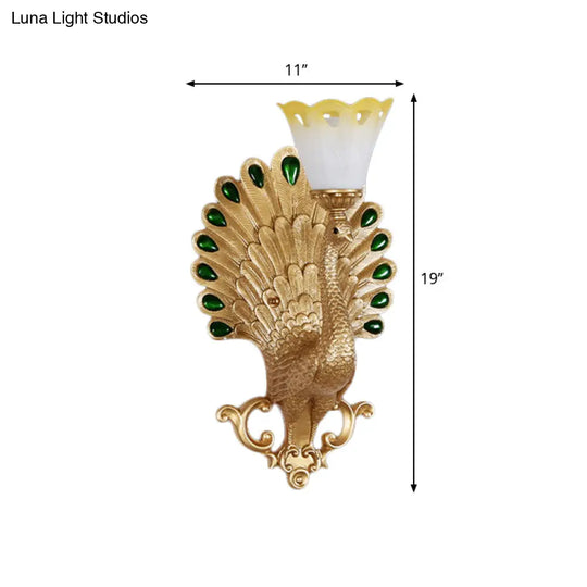 Peacock Wall Sconce With White And Yellow Glass Shade - Traditional 1 Bulb Light Fixture