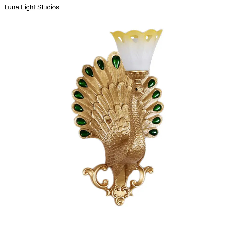 Peacock Wall Sconce With White And Yellow Glass Shade - Traditional 1 Bulb Light Fixture