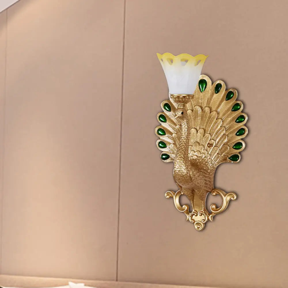 Peacock Wall Sconce With White And Yellow Glass Shade - Traditional 1 Bulb Light Fixture Gold