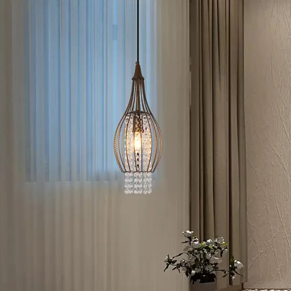 Pear-Shape Metal Pendant With Crystal Strands - 1 Light Coffee Restaurant Downlighting