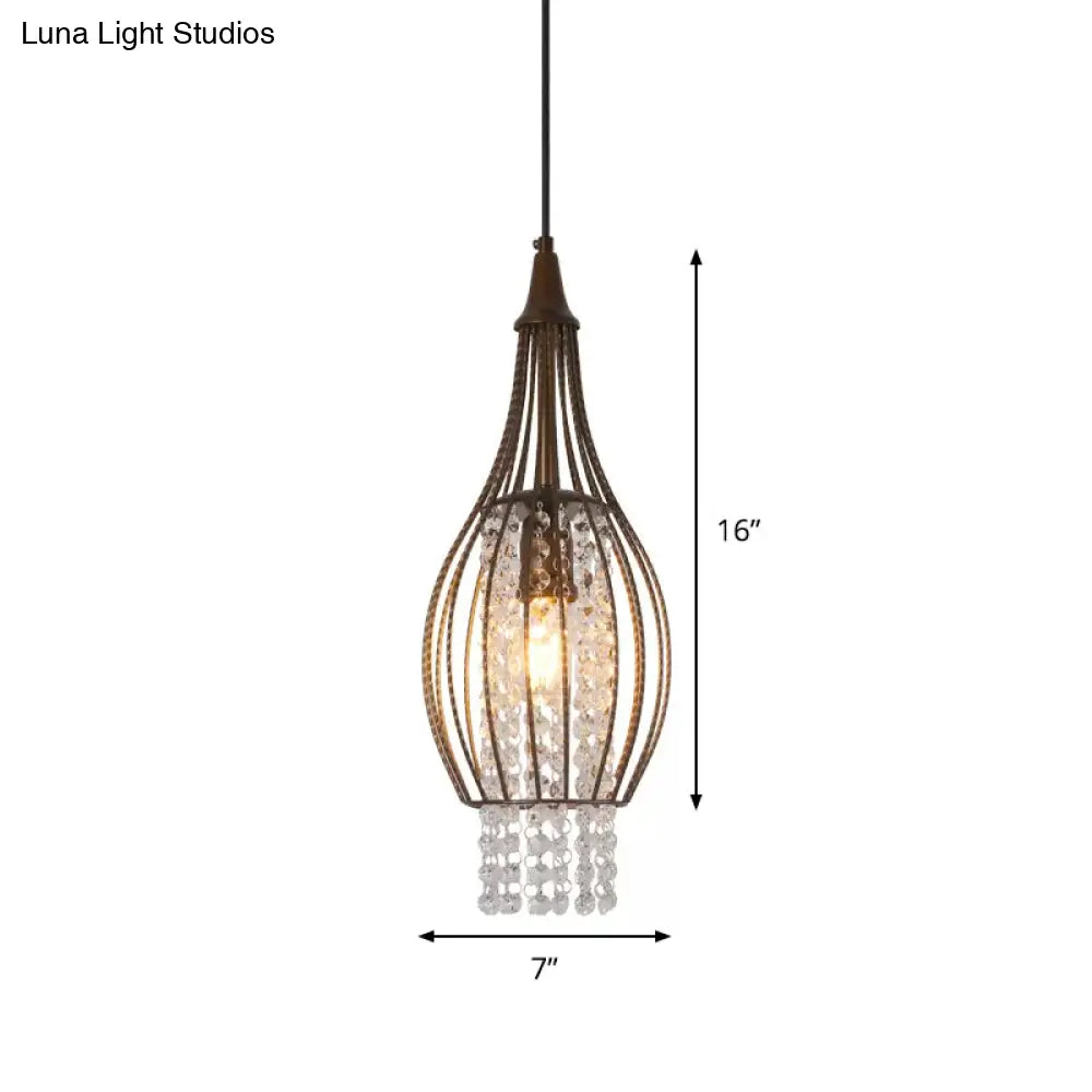 Pear-Shape Metal Pendant With Crystal Strands - 1 Light Coffee Restaurant Downlighting