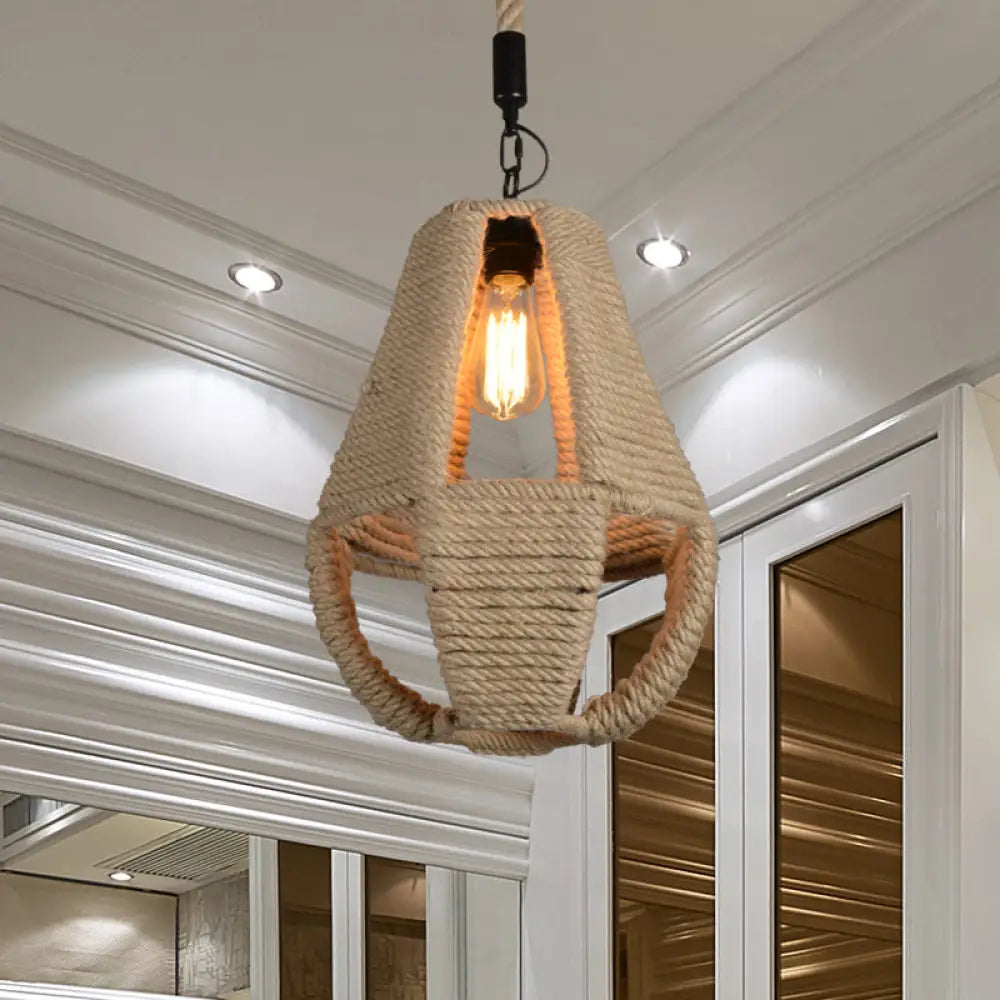 Pear Shape Pendant Light With Industrial Beige Rope - Ideal For Coffee House