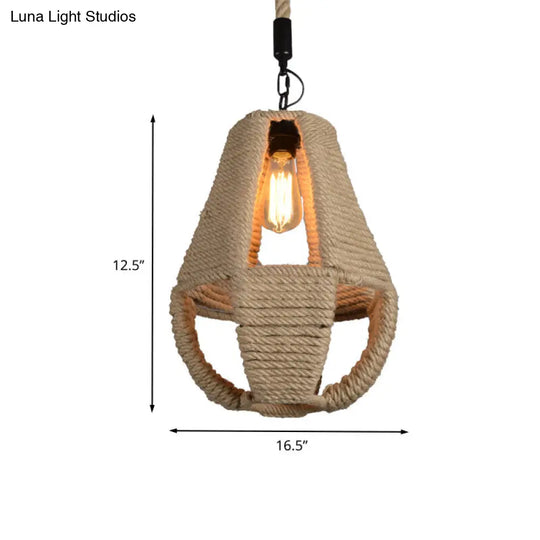 Industrial Beige Rope Pendant Lighting Kit For Coffee House - 1-Light Pear Shape Hanging Lamp