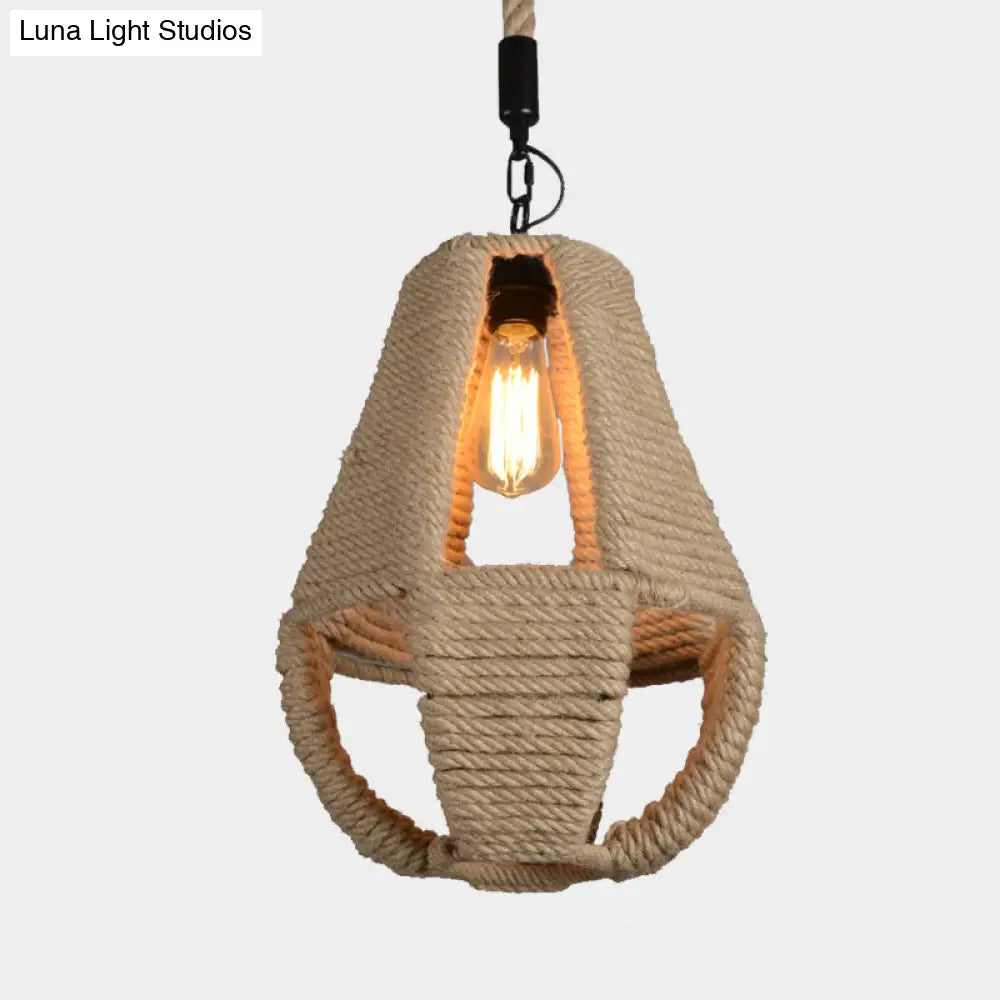 Pear Shape Pendant Light With Industrial Beige Rope - Ideal For Coffee House