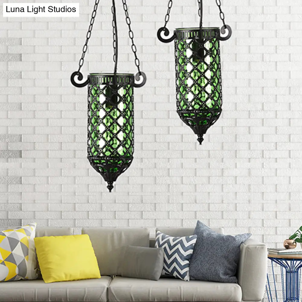 Pencil Glass Pendant Lamp - Antique Hanging Light Fixture With Blue/Green/Purple Tones For Living