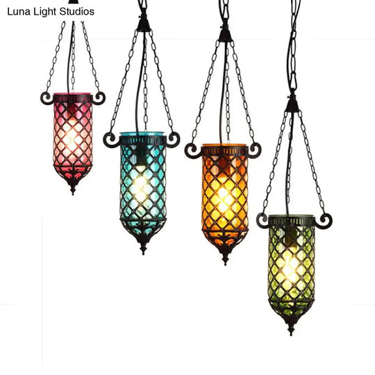 Pencil Glass Pendant Lamp - Antique Hanging Light Fixture With Blue/Green/Purple Tones For Living