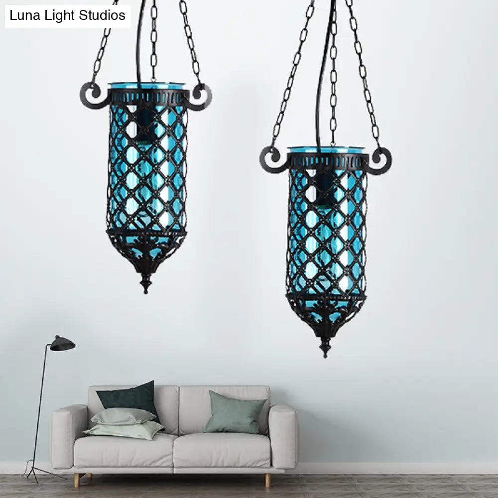 Pencil Glass Pendant Lamp - Antique Hanging Light Fixture With Blue/Green/Purple Tones For Living