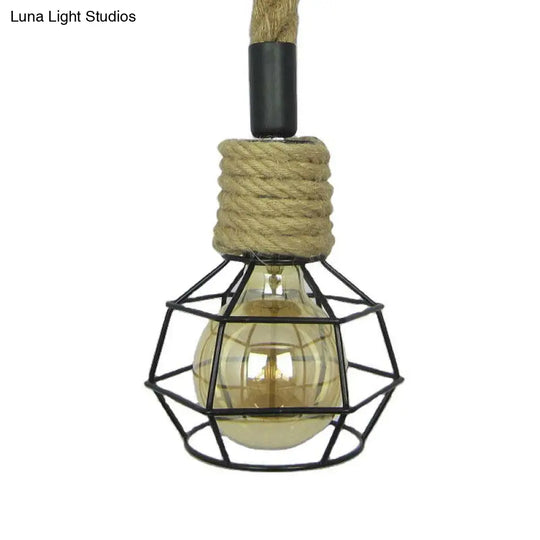 Pendulum Light With Iron Cage And Rope Accent In Brown - Perfect For Rural Wine Bars