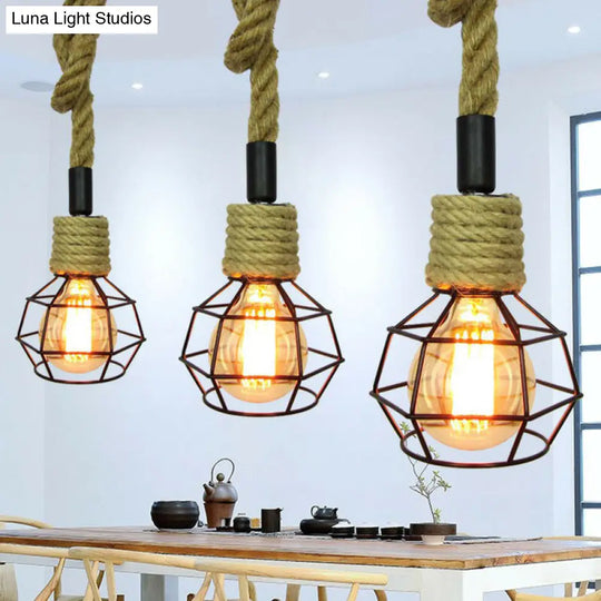 Rustic Mini Pendant Lamp With Iron Cage And Rope Accent - Perfect For Rural Wine Bars Brown