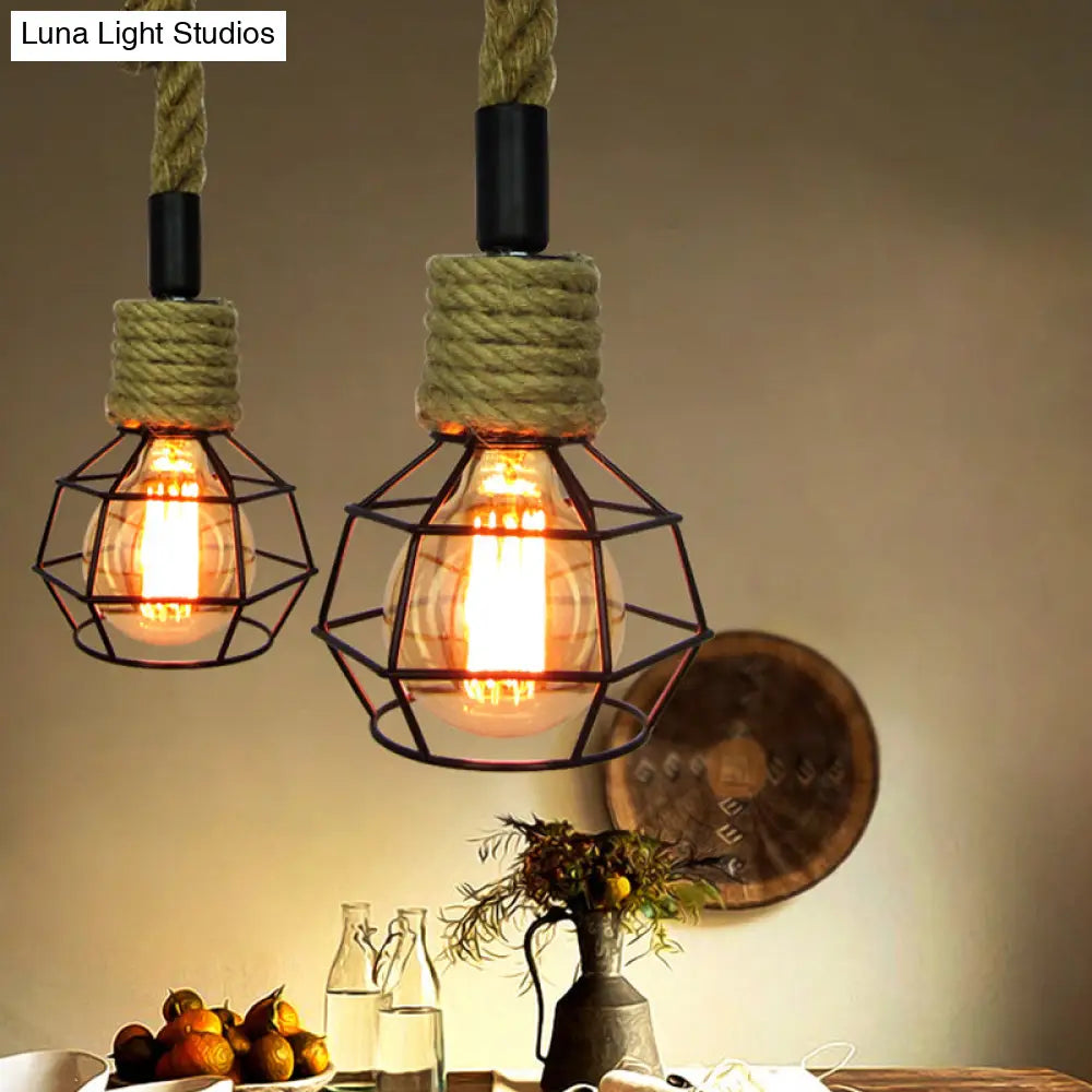 Pendulum Light With Iron Cage And Rope Accent In Brown - Perfect For Rural Wine Bars