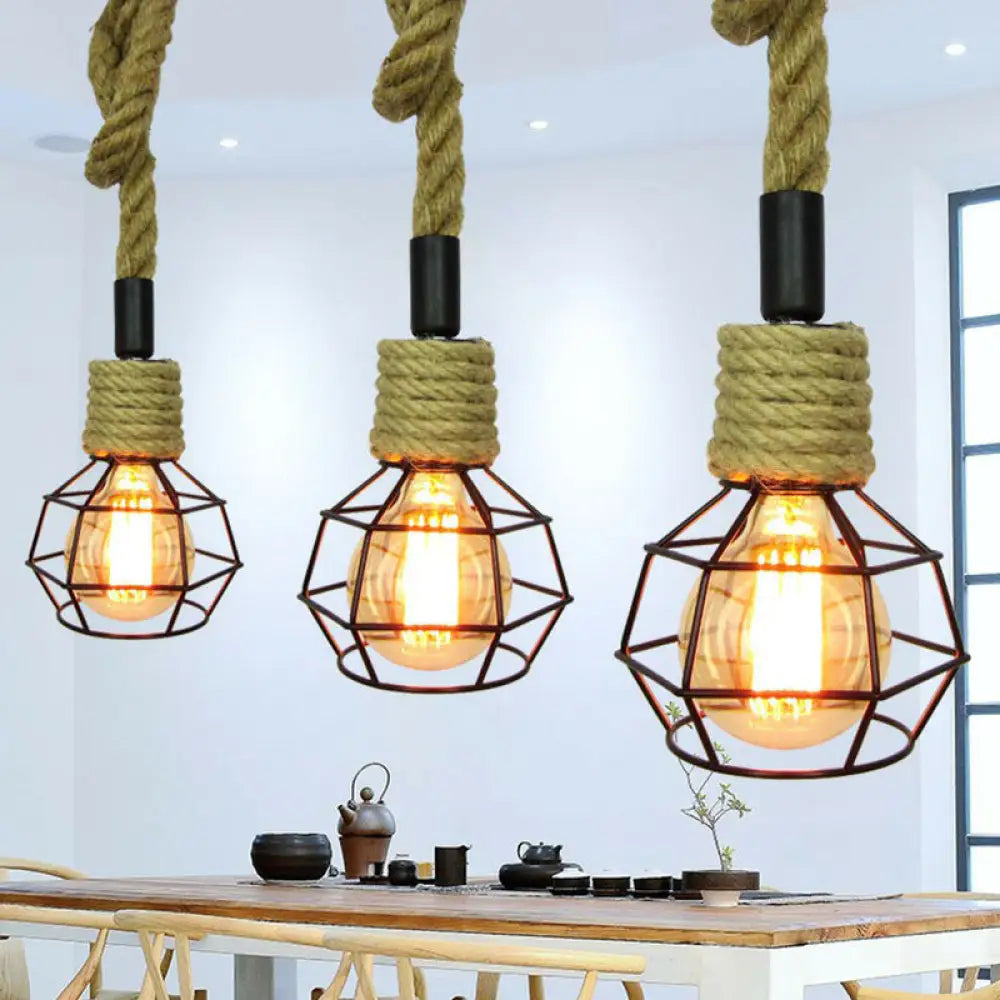 Pendulum Light With Iron Cage And Rope Accent In Brown - Perfect For Rural Wine Bars