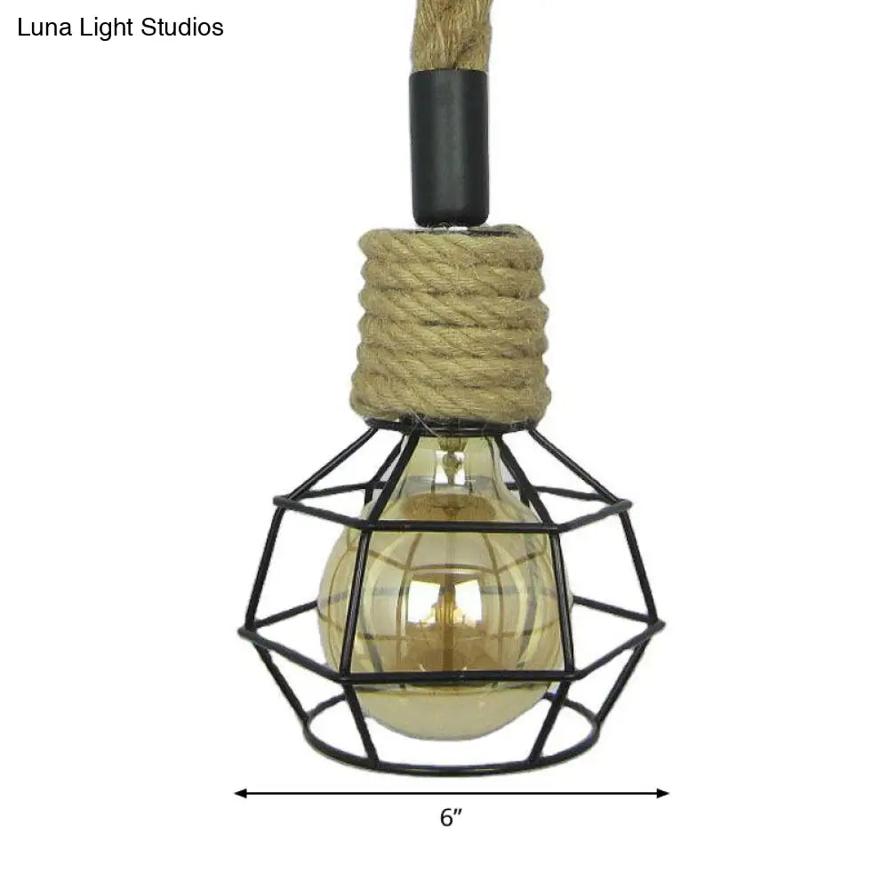 Rustic Mini Pendant Lamp With Iron Cage And Rope Accent - Perfect For Rural Wine Bars