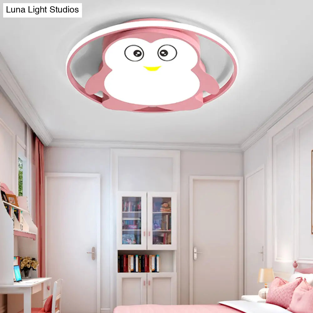 Penguin Bedroom Led Ceiling Fixture - Blue/Pink Cartoon Flush Mount