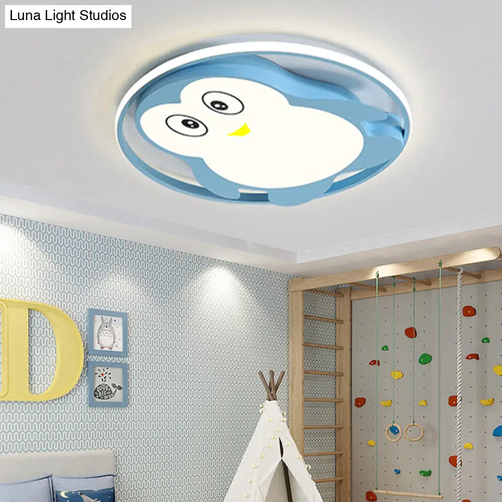 Penguin Bedroom Led Ceiling Fixture - Blue/Pink Cartoon Flush Mount