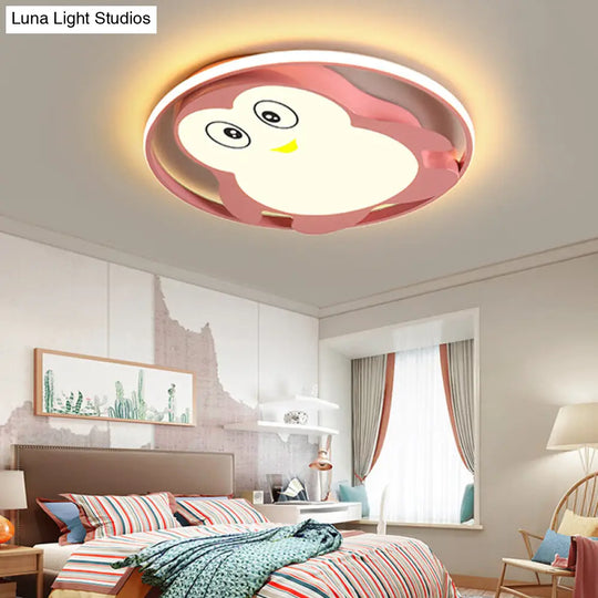 Penguin Bedroom Led Ceiling Fixture - Blue/Pink Cartoon Flush Mount Pink