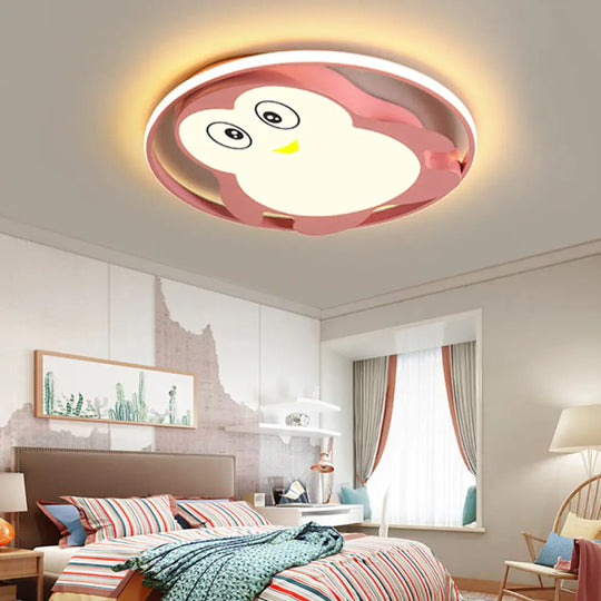 Penguin Bedroom Led Ceiling Fixture - Blue/Pink Cartoon Flush Mount Pink