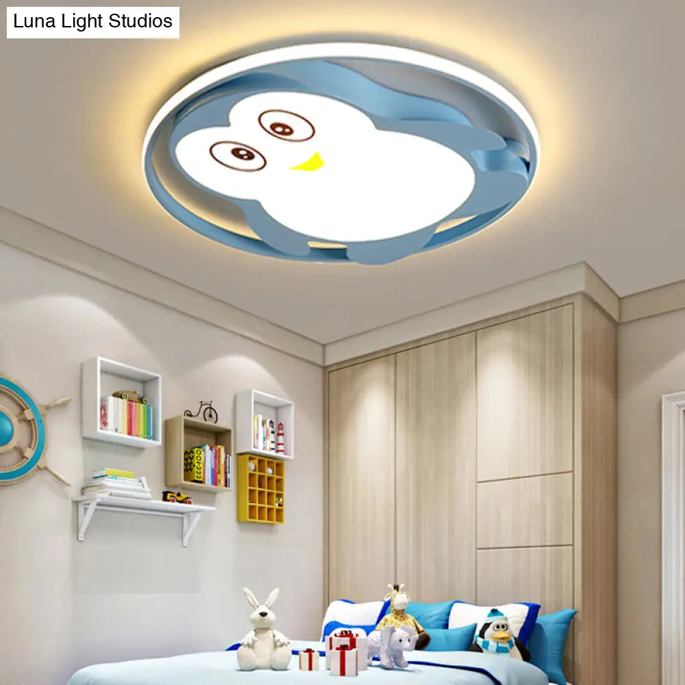 Penguin Bedroom Led Ceiling Fixture - Blue/Pink Cartoon Flush Mount Blue