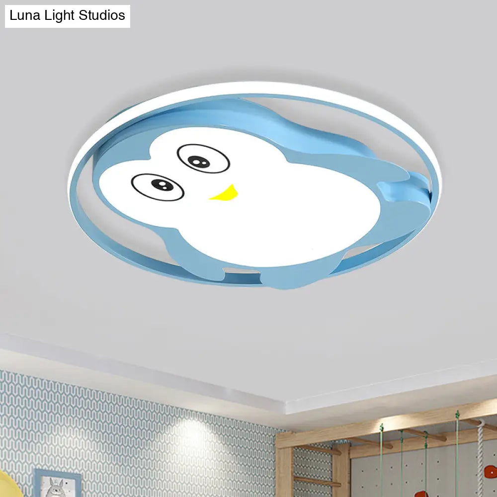 Penguin Led Acrylic Flushmount Ceiling Fixture For Kids Bedroom - Pink/Blue Finish Blue