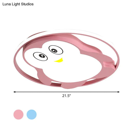 Penguin Led Acrylic Flushmount Ceiling Fixture For Kids’ Bedroom - Pink/Blue Finish