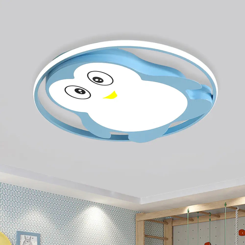 Penguin Led Acrylic Flushmount Ceiling Fixture For Kids’ Bedroom - Pink/Blue Finish Blue