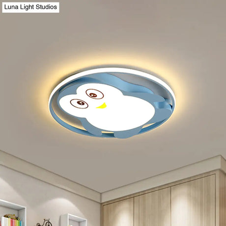 Penguin Led Acrylic Flushmount Ceiling Fixture For Kids’ Bedroom - Pink/Blue Finish
